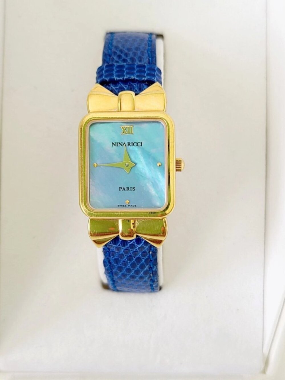 NINA RICCI Ribbons Rectangular Watch Navy Gold Plated Swiss Quartz Lizard Strap